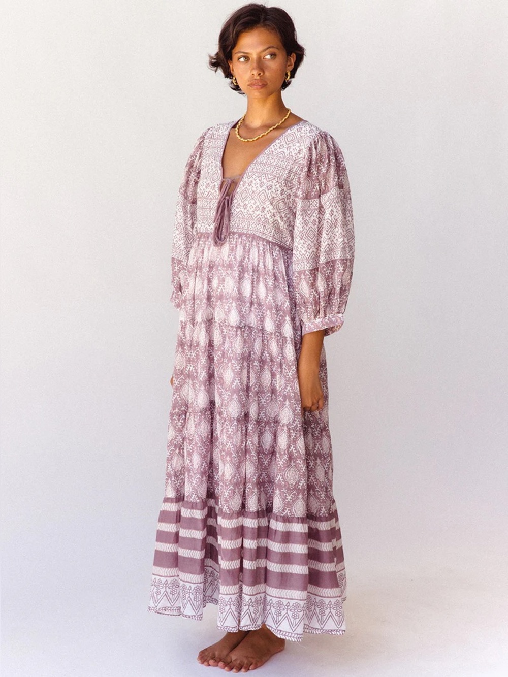 DAUGHTERS OF INDIA jasmine maxi dress lavender block print boho cotton size XL - Picture 2 of 13